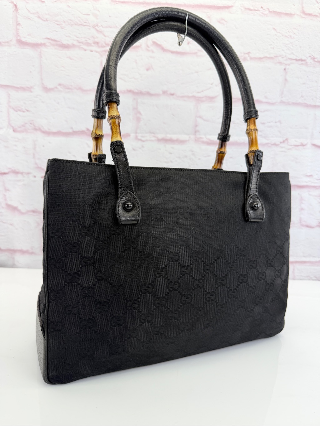 Gucci Black Gg Canvas Bamboo Handles Vintage Tote